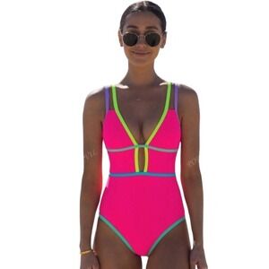 Popvil Multicolored Bandage Design No Vacation One Piece Swimsuit Size XL NWT‎